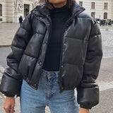 Jocoo Jolee Winter Thick Warm Cropped Puffer Jacket Women Black PU Leather Parkas Elegant Zipper Coat Cotton Padded Punk Outwear