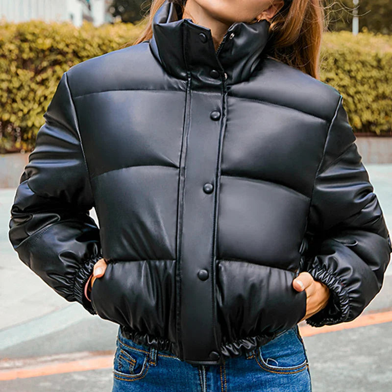 Jocoo Jolee Winter Thick Warm Cropped Puffer Jacket Women Black PU Leather Parkas Elegant Zipper Coat Cotton Padded Punk Outwear