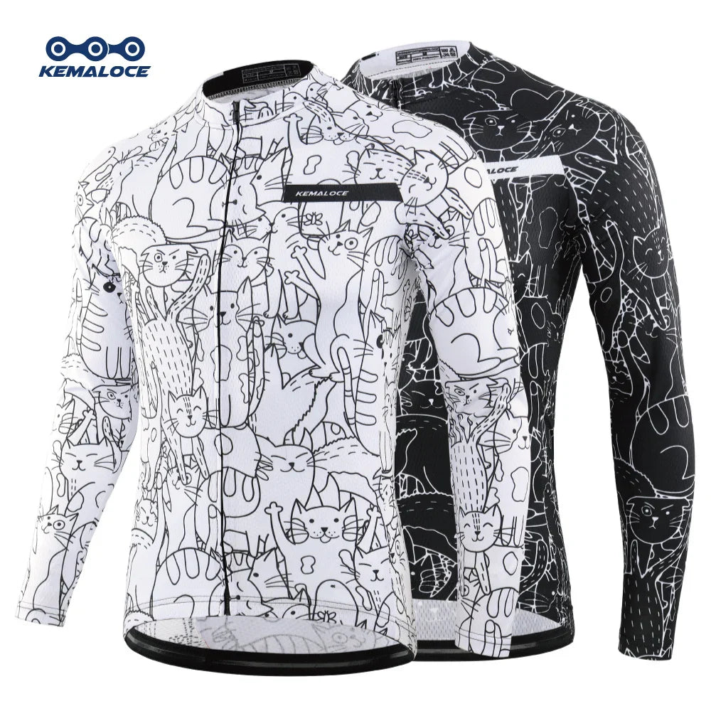 KEMALOCE Cycling Jersey Long Sleeves Men&Women White&Black Cartoon 2024 Bicycle Jersey Team Summer Premium Anti UV Cycle Clothes