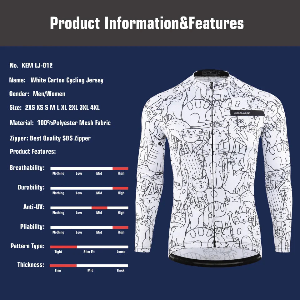 KEMALOCE Cycling Jersey Long Sleeves Men&Women White&Black Cartoon 2024 Bicycle Jersey Team Summer Premium Anti UV Cycle Clothes