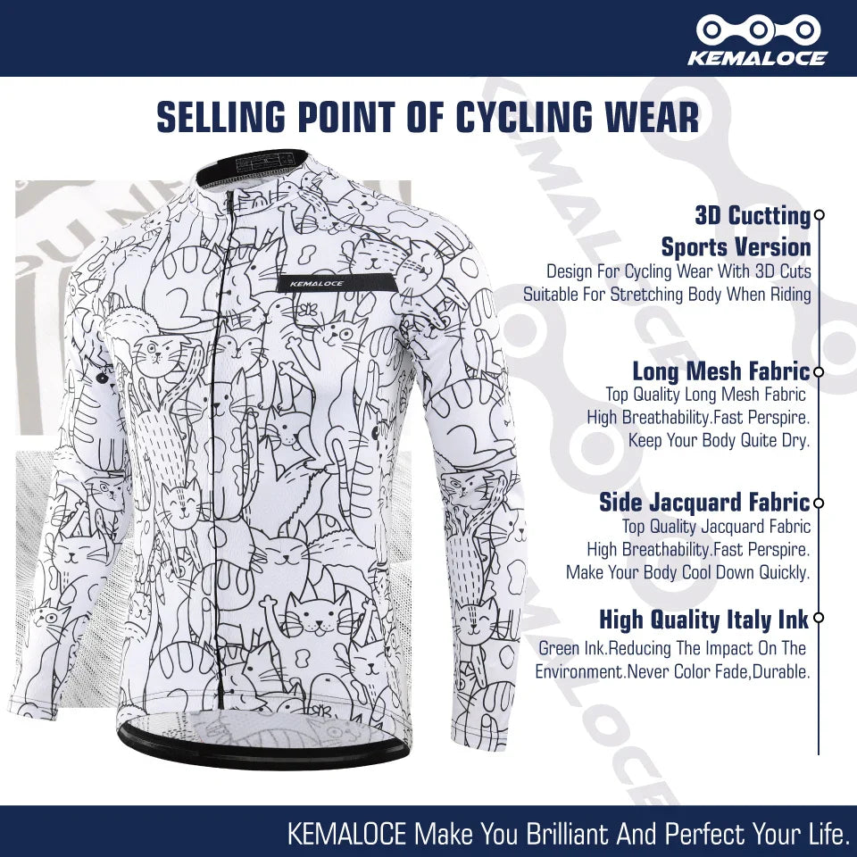 KEMALOCE Cycling Jersey Long Sleeves Men&Women White&Black Cartoon 2024 Bicycle Jersey Team Summer Premium Anti UV Cycle Clothes