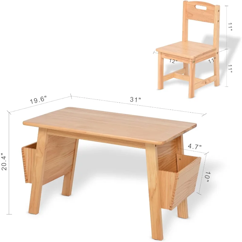 KRAND Kids Solid Wood Table and 2 Chair Set with Storage Desk and Chair Set for Children Toddler Activity Table (Solid Wood/N