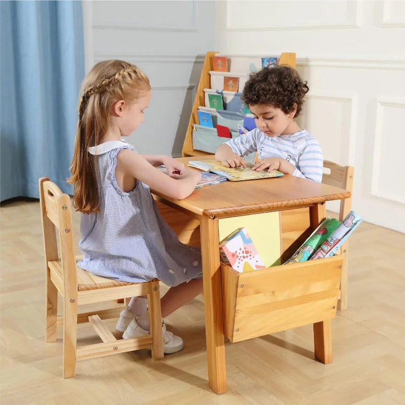 KRAND Kids Solid Wood Table and 2 Chair Set with Storage Desk and Chair Set for Children Toddler Activity Table (Solid Wood/N