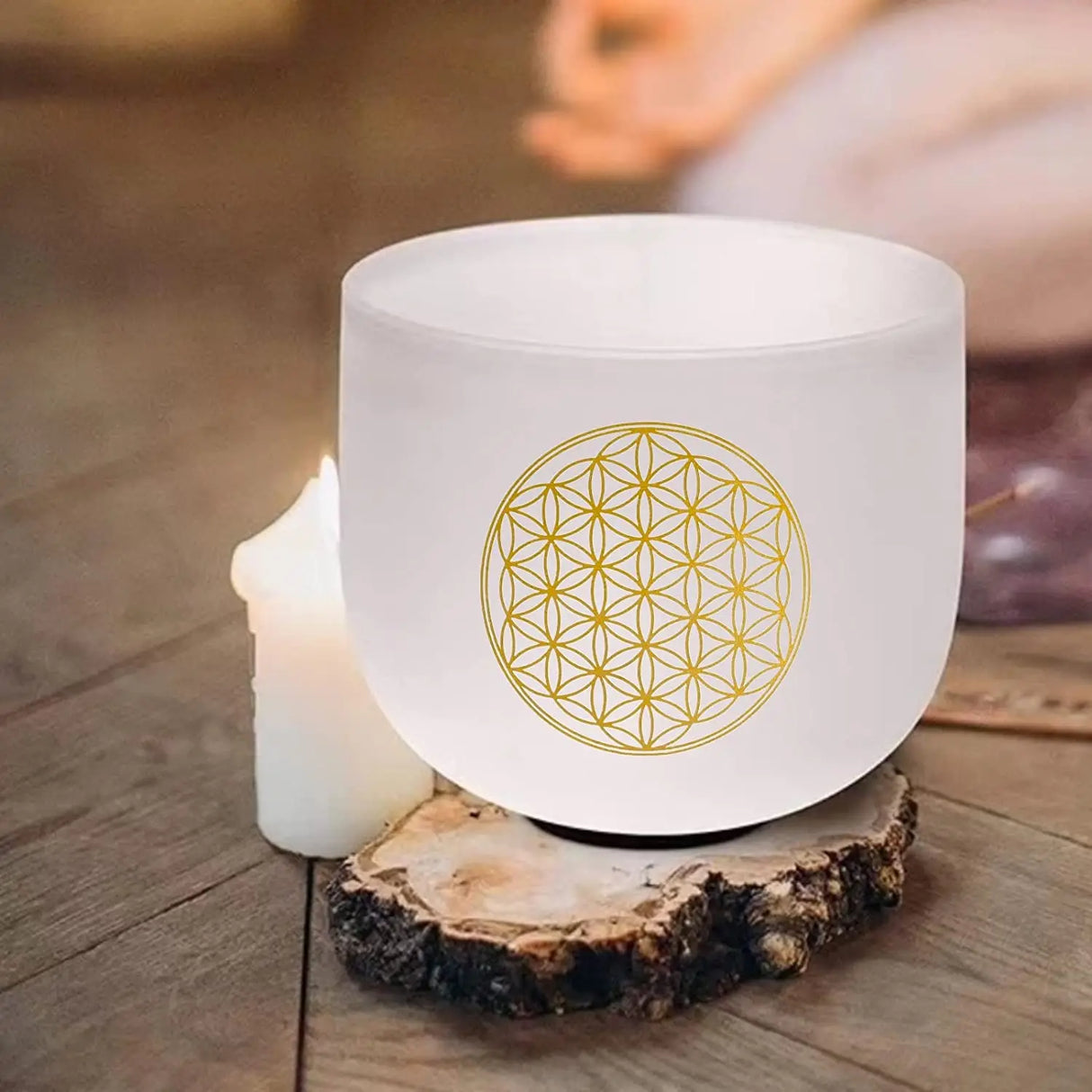 KVKA 432Hz 14 Inch C Note black Or White Bowl Chakra Frosted Quartz Crystal Singing Bowl With Flower of Life with Free Mallet