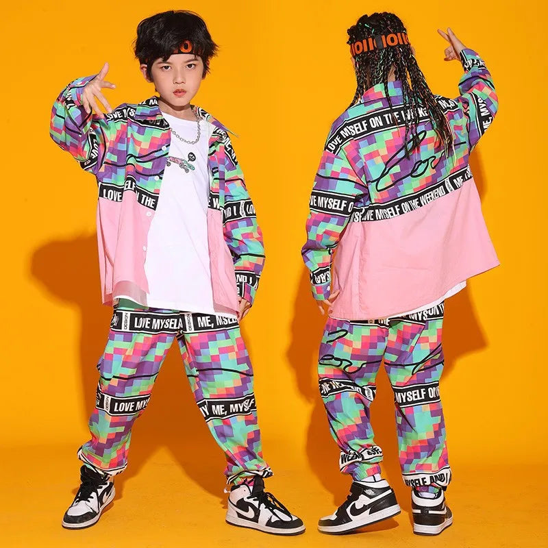 Kid Cool Hip Hop Clothing Checkered Pink Shirt Top Print Casual Street Jogger Pants for Girl Boy Jazz Dance Costume Clothes Set