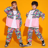 Kid Cool Hip Hop Clothing Checkered Pink Shirt Top Print Casual Street Jogger Pants for Girl Boy Jazz Dance Costume Clothes Set