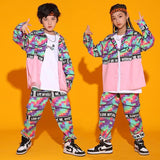 Kid Cool Hip Hop Clothing Checkered Pink Shirt Top Print Casual Street Jogger Pants for Girl Boy Jazz Dance Costume Clothes Set