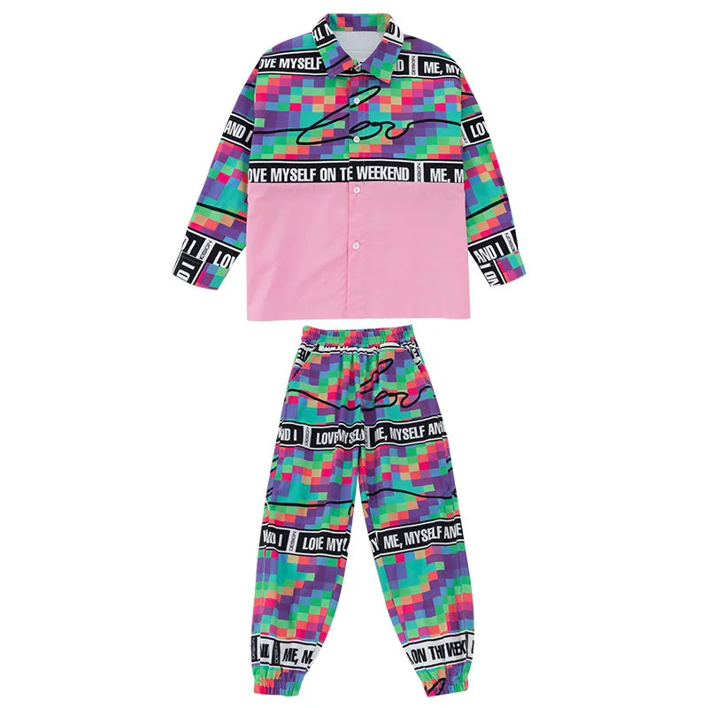 Kid Cool Hip Hop Clothing Checkered Pink Shirt Top Print Casual Street Jogger Pants for Girl Boy Jazz Dance Costume Clothes Set