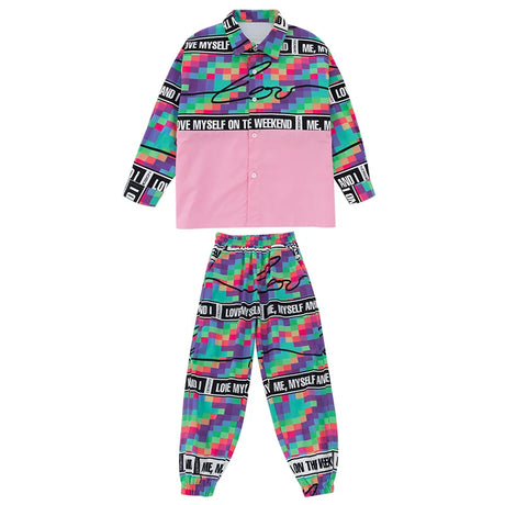 Kid Cool Hip Hop Clothing Checkered Pink Shirt Top Print Casual Street Jogger Pants for Girl Boy Jazz Dance Costume Clothes Set