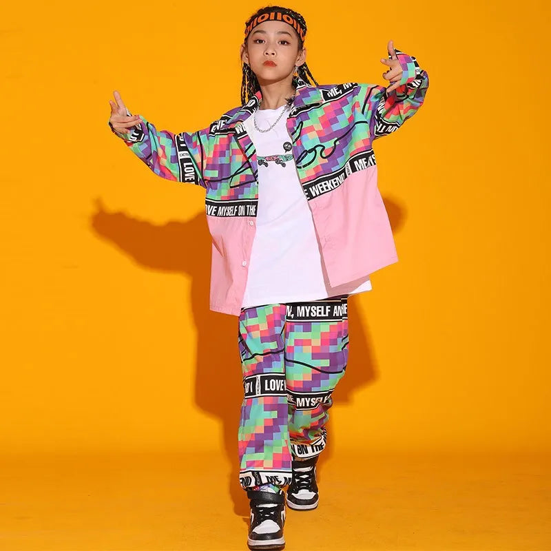 Kid Cool Hip Hop Clothing Checkered Pink Shirt Top Print Casual Street Jogger Pants for Girl Boy Jazz Dance Costume Clothes Set