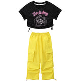 Kid Hip Hop Clothing Crop Top Streetwear Dopamine Tactical Yellow Cargo Pants For Girl Jazz Dance Costume Clothes New