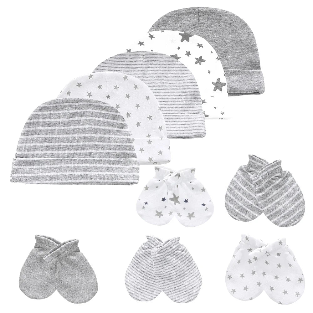 Kiddiezoom 10Pcs/lot Newborn Cap+Gloves Set Baby Boy Clothes Accesories 100% Cotton Beanies Hospital Hat and Mittens Suit 0-6M