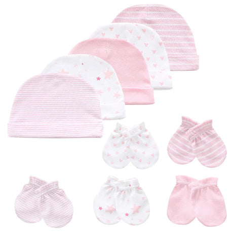 Kiddiezoom 10Pcs/lot Newborn Cap+Gloves Set Baby Boy Clothes Accesories 100% Cotton Beanies Hospital Hat and Mittens Suit 0-6M