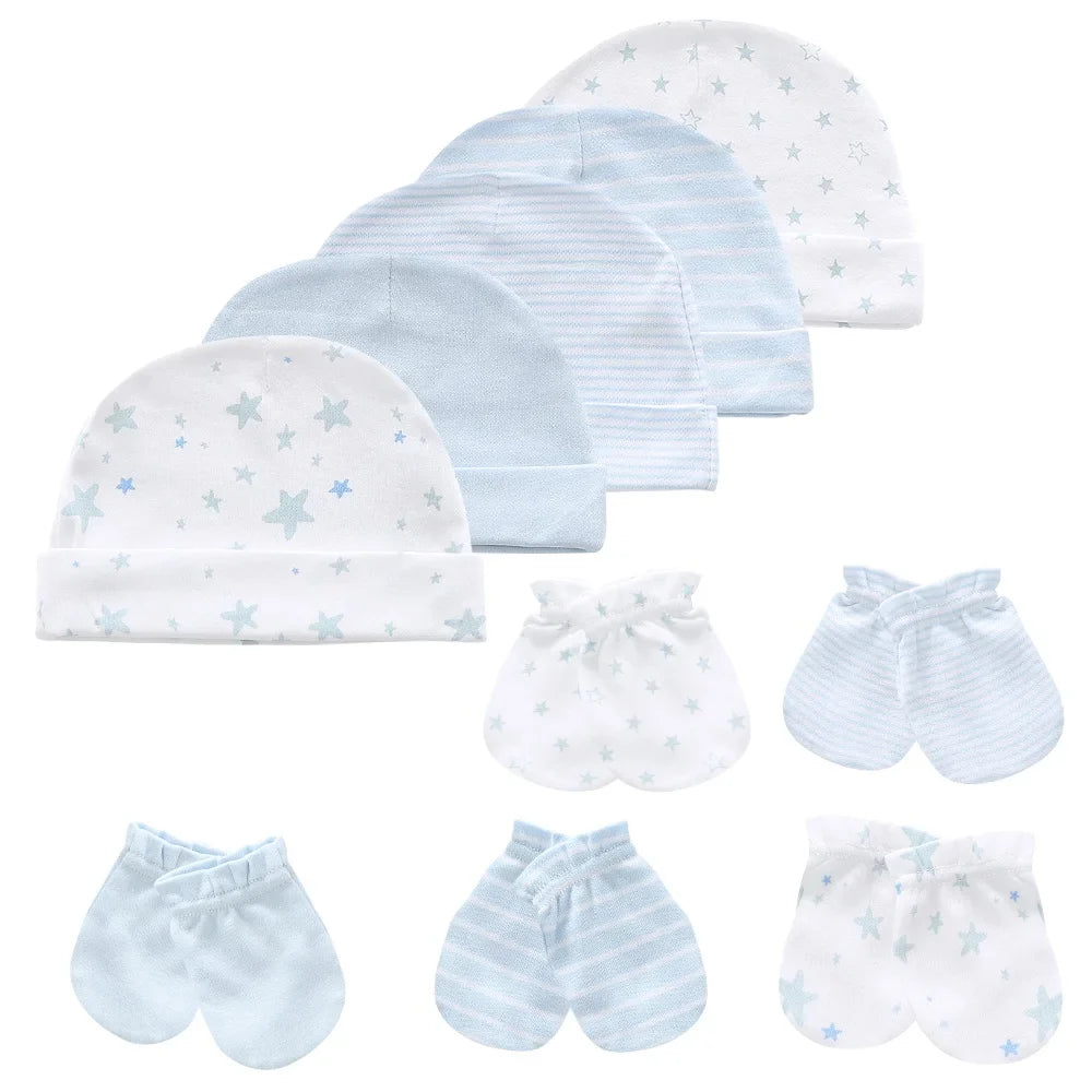 Kiddiezoom 10Pcs/lot Newborn Cap+Gloves Set Baby Boy Clothes Accesories 100% Cotton Beanies Hospital Hat and Mittens Suit 0-6M