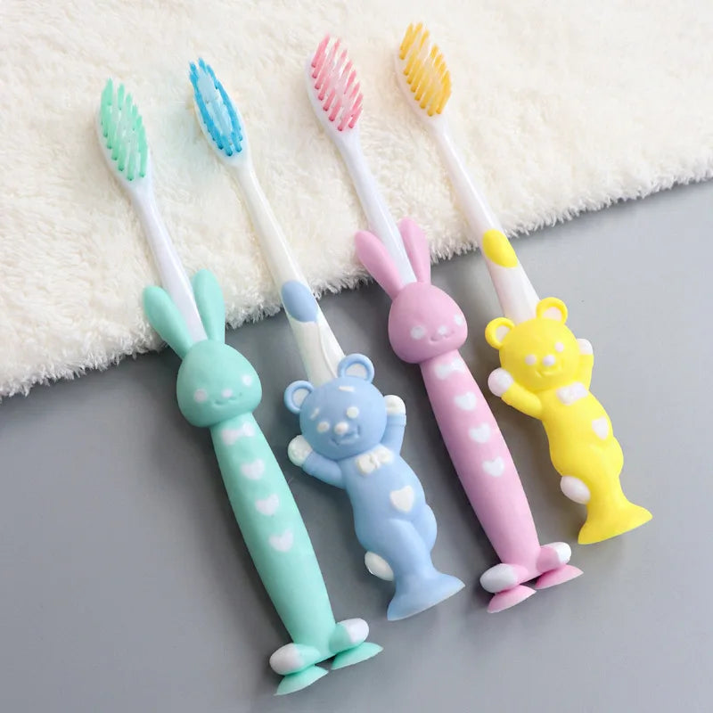 Kids Baby Soft-bristled Toothbrush for Bamboo Charcoal Short Handle Children's Cute Rabbit Bear Design Teeth Care 4Pcs/Set