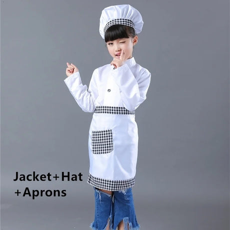 Kids Chef Jackets Kitchen Roleplay Uniform Cook Hat Restaurant Cosplay Costumes Halloween Children Waiter Waitress Clothing Sets