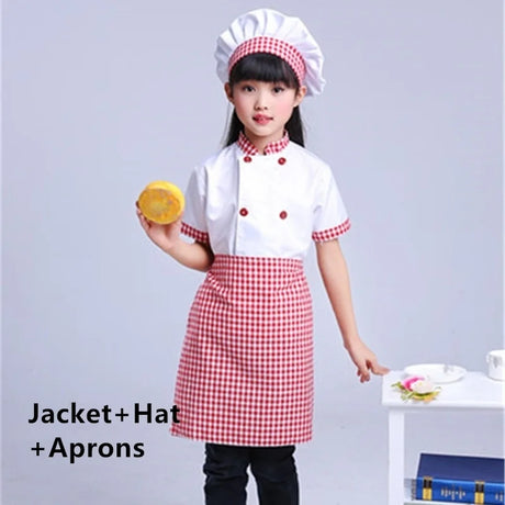 Kids Chef Jackets Kitchen Roleplay Uniform Cook Hat Restaurant Cosplay Costumes Halloween Children Waiter Waitress Clothing Sets