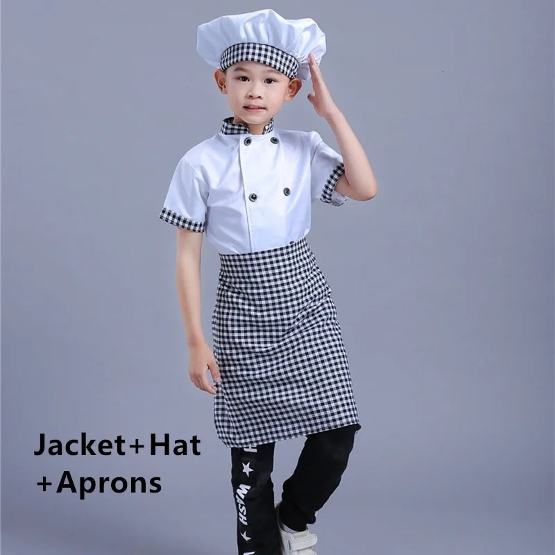 Kids Chef Jackets Kitchen Roleplay Uniform Cook Hat Restaurant Cosplay Costumes Halloween Children Waiter Waitress Clothing Sets