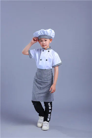 Kids Cook Tshirt Chef Uniform Children Kitchen Hat Cap Work Jackets Restaurant Halloween Performance Stage Party Cosplay Costume