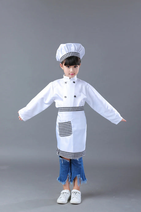 Kids Cook Tshirt Chef Uniform Children Kitchen Hat Cap Work Jackets Restaurant Halloween Performance Stage Party Cosplay Costume