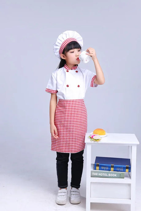 Kids Cook Tshirt Chef Uniform Children Kitchen Hat Cap Work Jackets Restaurant Halloween Performance Stage Party Cosplay Costume