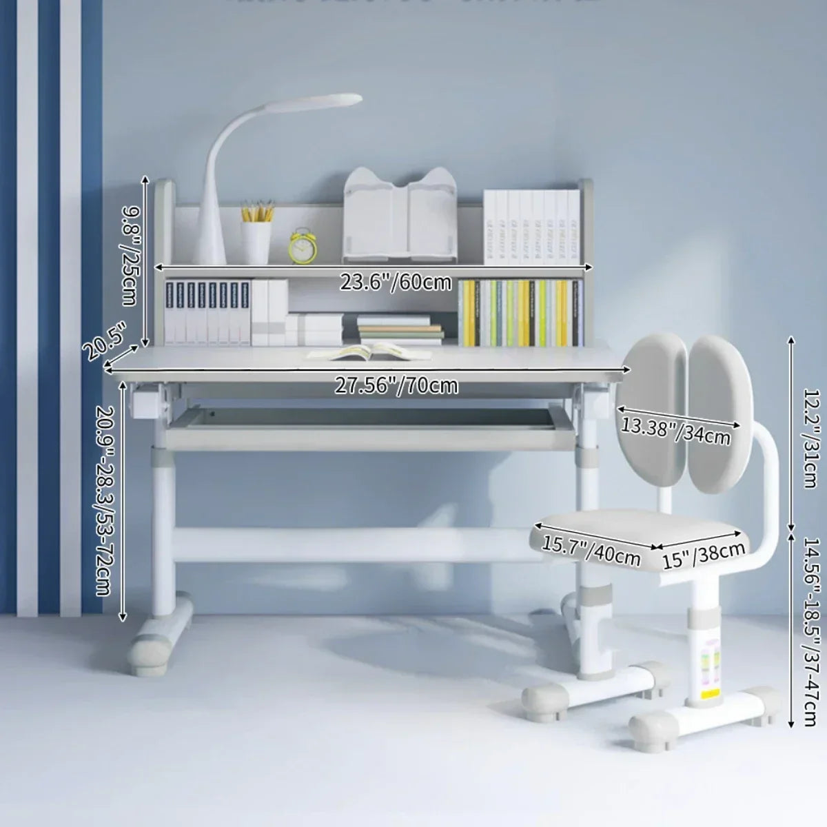 Kids Desk and Chair Set Height Adjustable, Children Study Table with Tilt Desktop, School Functional Writing Desk with Drawers