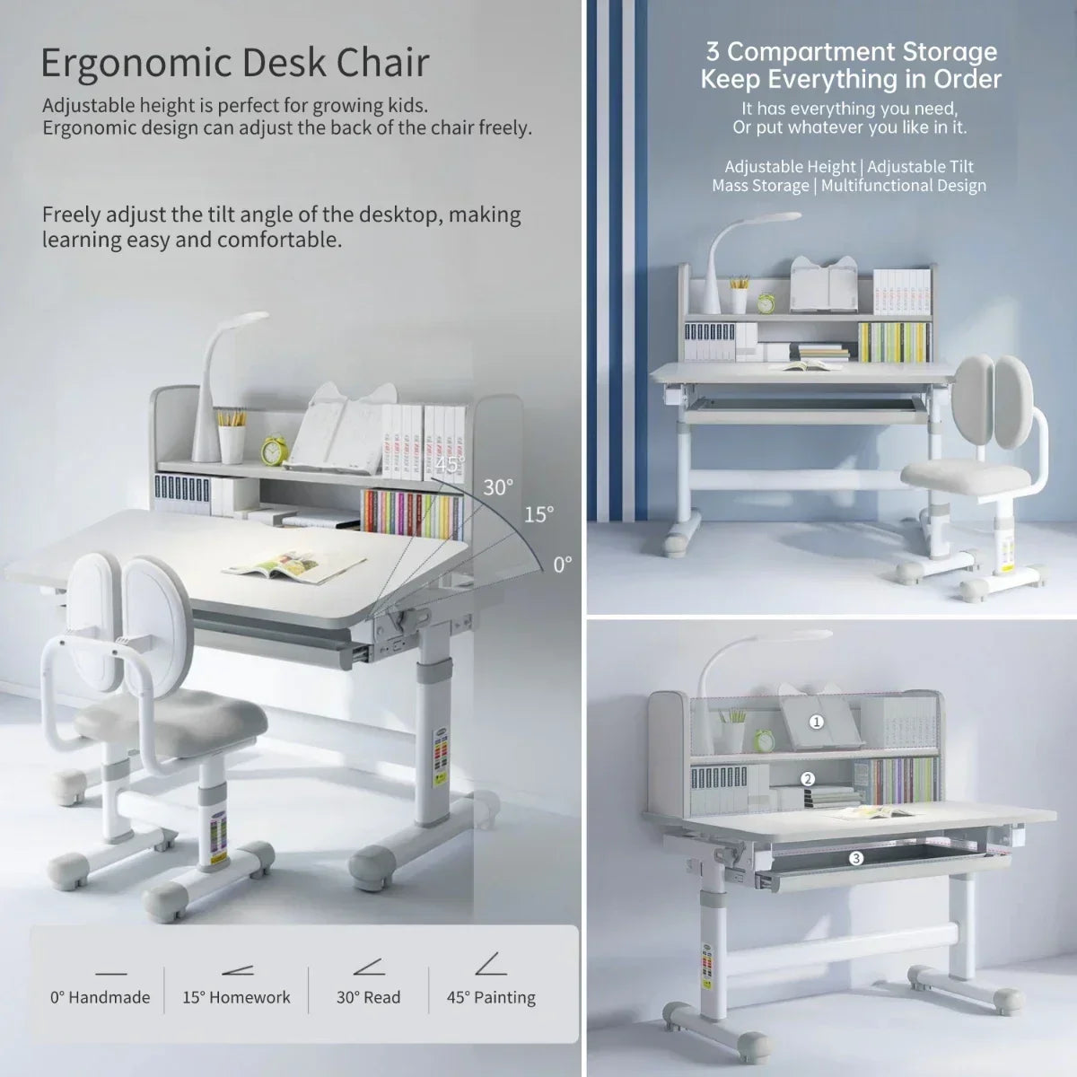 Kids Desk and Chair Set Height Adjustable, Children Study Table with Tilt Desktop, School Functional Writing Desk with Drawers