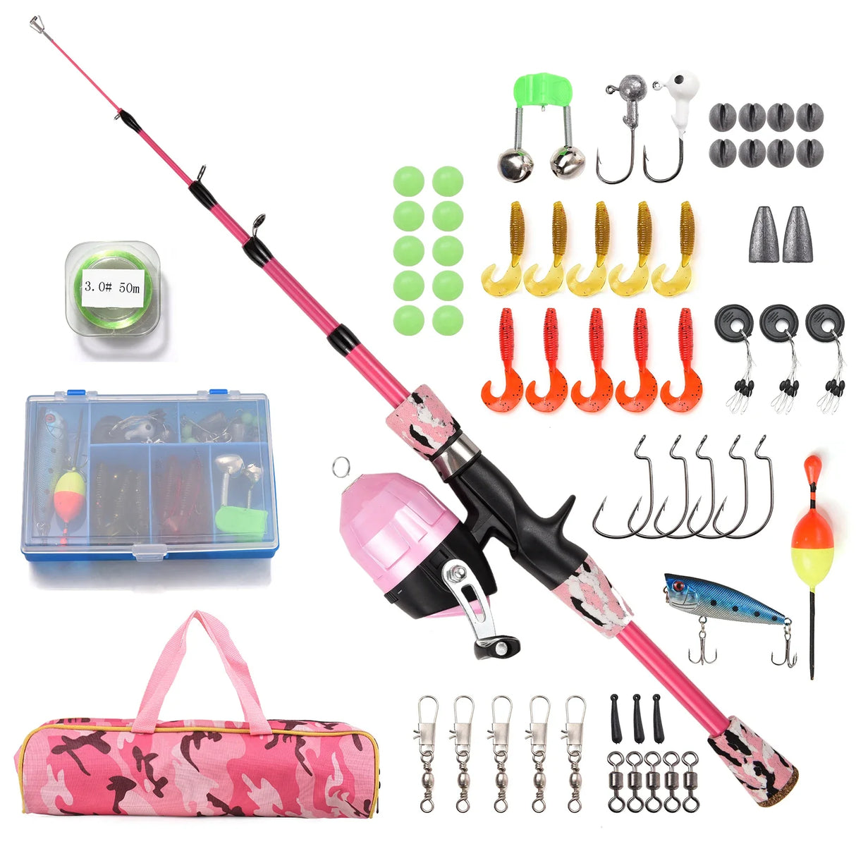 Kids Fishing Rod and Reel Combo Full Kit 1.2m/1.5m Telescopic Casting Rod Pole with Spincast Reel and Hooks Lures Swivels bag