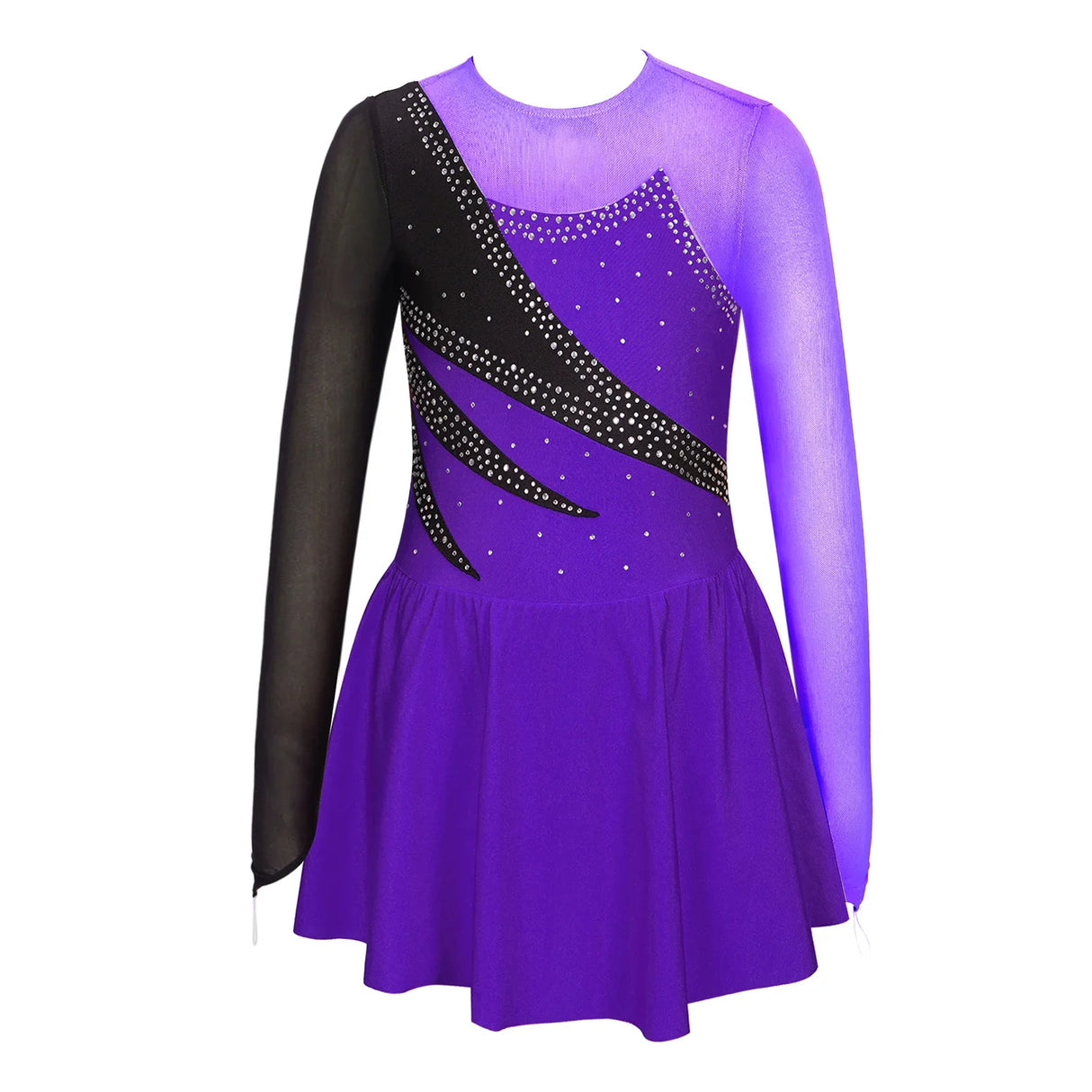 Kids Girls Long Sleeve Figure Skating Dress Shiny Rhinestone Sheer Mesh Tutu Ballet Gymnastics Dance Leotard Dress Dancewear