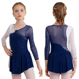 Kids Girls Long Sleeve Figure Skating Dress Shiny Rhinestone Sheer Mesh Tutu Ballet Gymnastics Dance Leotard Dress Dancewear