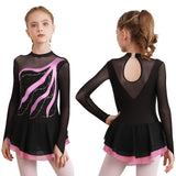 Kids Girls Long Sleeve Figure Skating Dress Shiny Rhinestone Sheer Mesh Tutu Ballet Gymnastics Dance Leotard Dress Dancewear