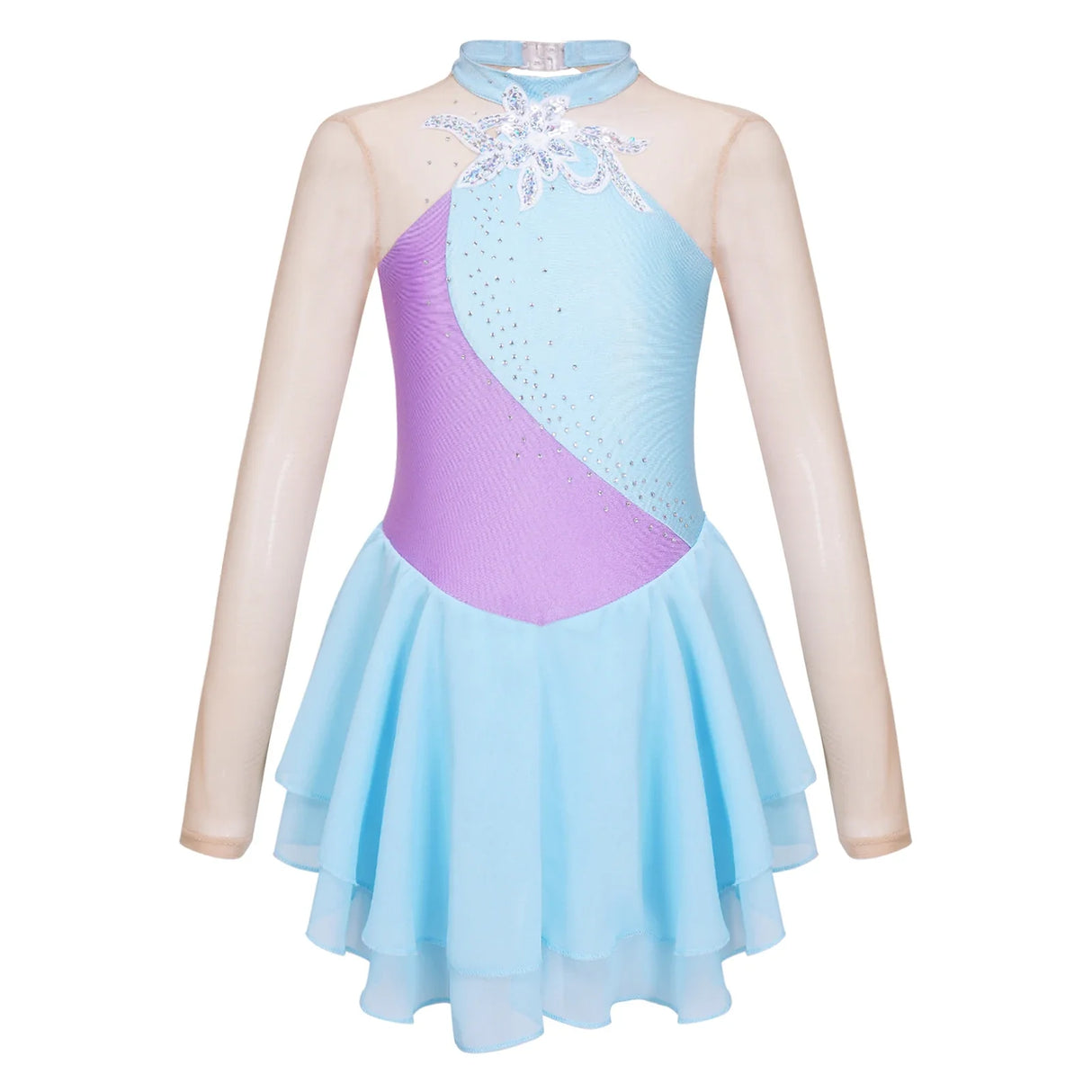 Kids Girls Long Sleeve Figure Skating Dress Shiny Rhinestone Sheer Mesh Tutu Ballet Gymnastics Dance Leotard Dress Dancewear