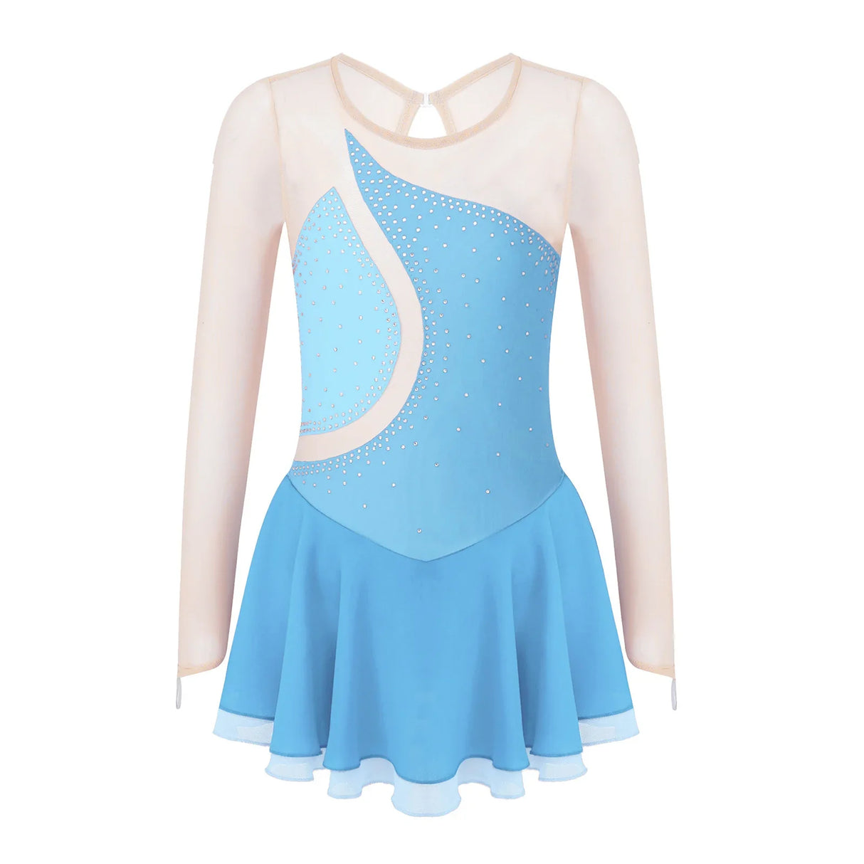 Kids Girls Long Sleeve Figure Skating Dress Shiny Rhinestone Sheer Mesh Tutu Ballet Gymnastics Dance Leotard Dress Dancewear