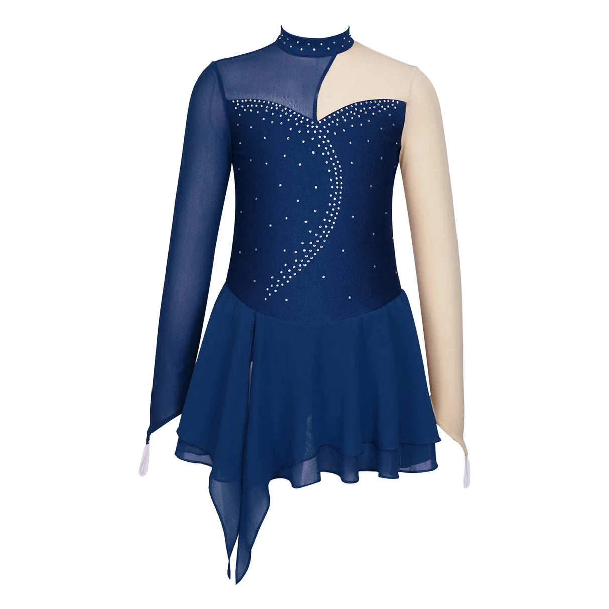 Kids Girls Long Sleeve Figure Skating Dress Shiny Rhinestone Sheer Mesh Tutu Ballet Gymnastics Dance Leotard Dress Dancewear