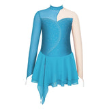 Kids Girls Long Sleeve Figure Skating Dress Shiny Rhinestone Sheer Mesh Tutu Ballet Gymnastics Dance Leotard Dress Dancewear