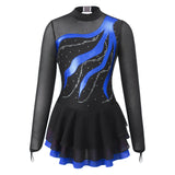 Kids Girls Long Sleeve Figure Skating Dress Shiny Rhinestone Sheer Mesh Tutu Ballet Gymnastics Dance Leotard Dress Dancewear