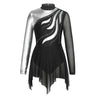 Kids Girls Long Sleeve Figure Skating Dress Shiny Rhinestone Sheer Mesh Tutu Ballet Gymnastics Dance Leotard Dress Dancewear