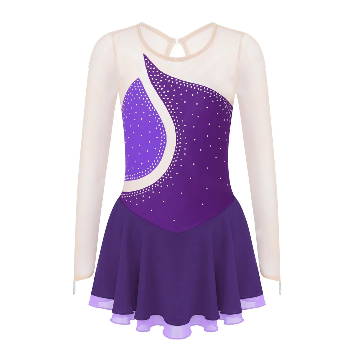 Kids Girls Long Sleeve Figure Skating Dress Shiny Rhinestone Sheer Mesh Tutu Ballet Gymnastics Dance Leotard Dress Dancewear