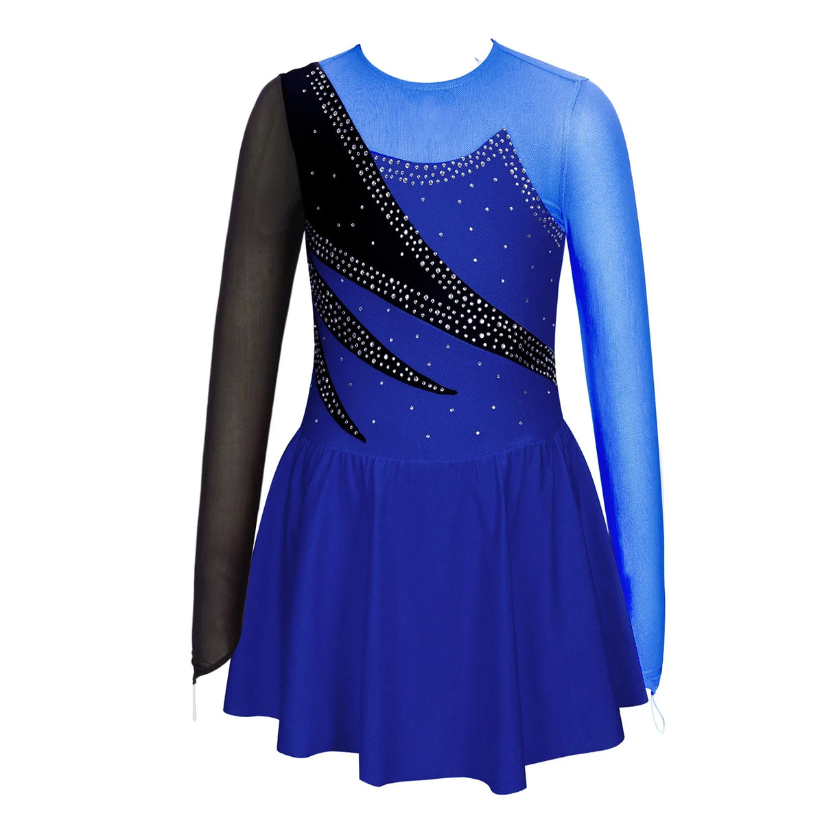 Kids Girls Long Sleeve Figure Skating Dress Shiny Rhinestone Sheer Mesh Tutu Ballet Gymnastics Dance Leotard Dress Dancewear