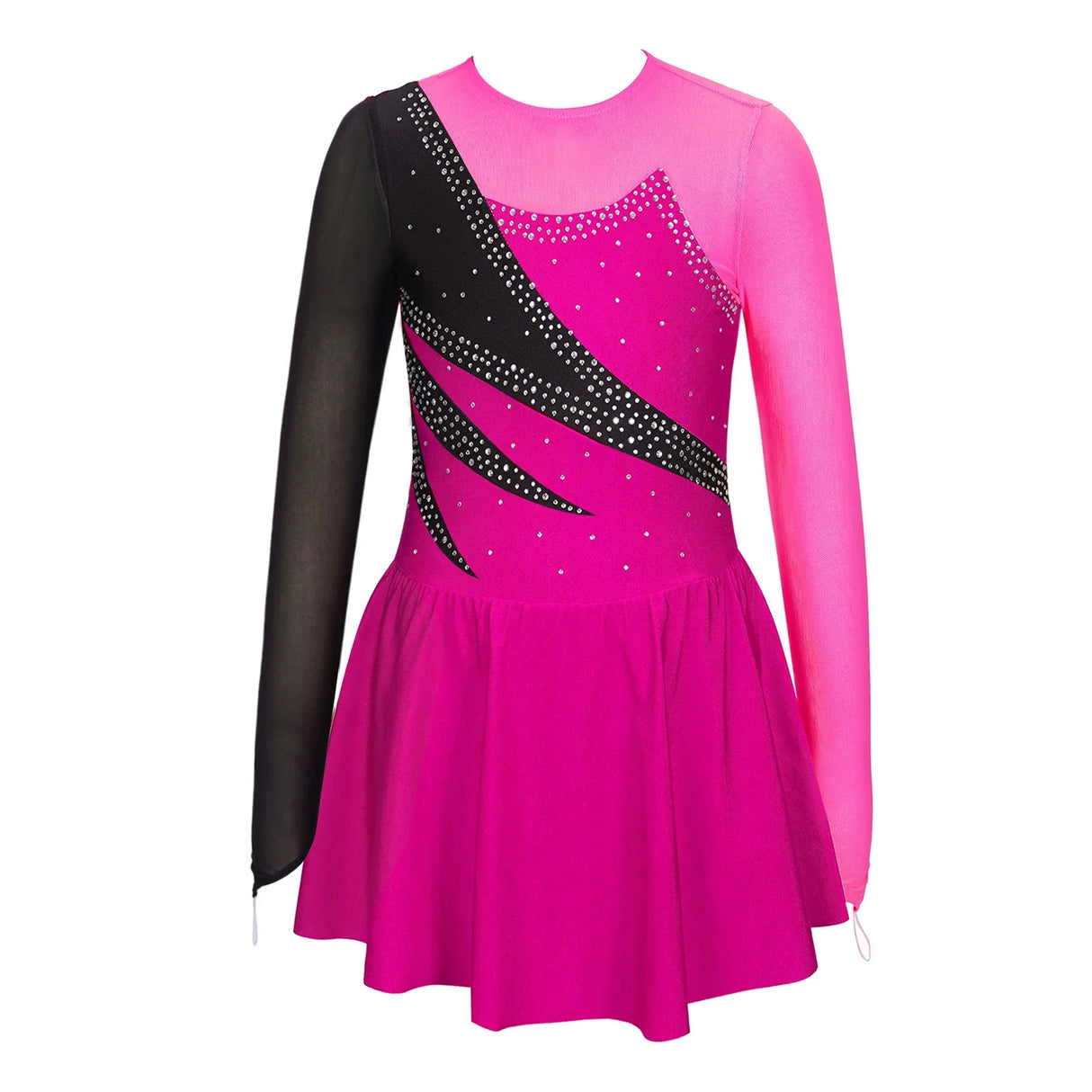 Kids Girls Long Sleeve Figure Skating Dress Shiny Rhinestone Sheer Mesh Tutu Ballet Gymnastics Dance Leotard Dress Dancewear