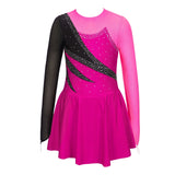 Kids Girls Long Sleeve Figure Skating Dress Shiny Rhinestone Sheer Mesh Tutu Ballet Gymnastics Dance Leotard Dress Dancewear