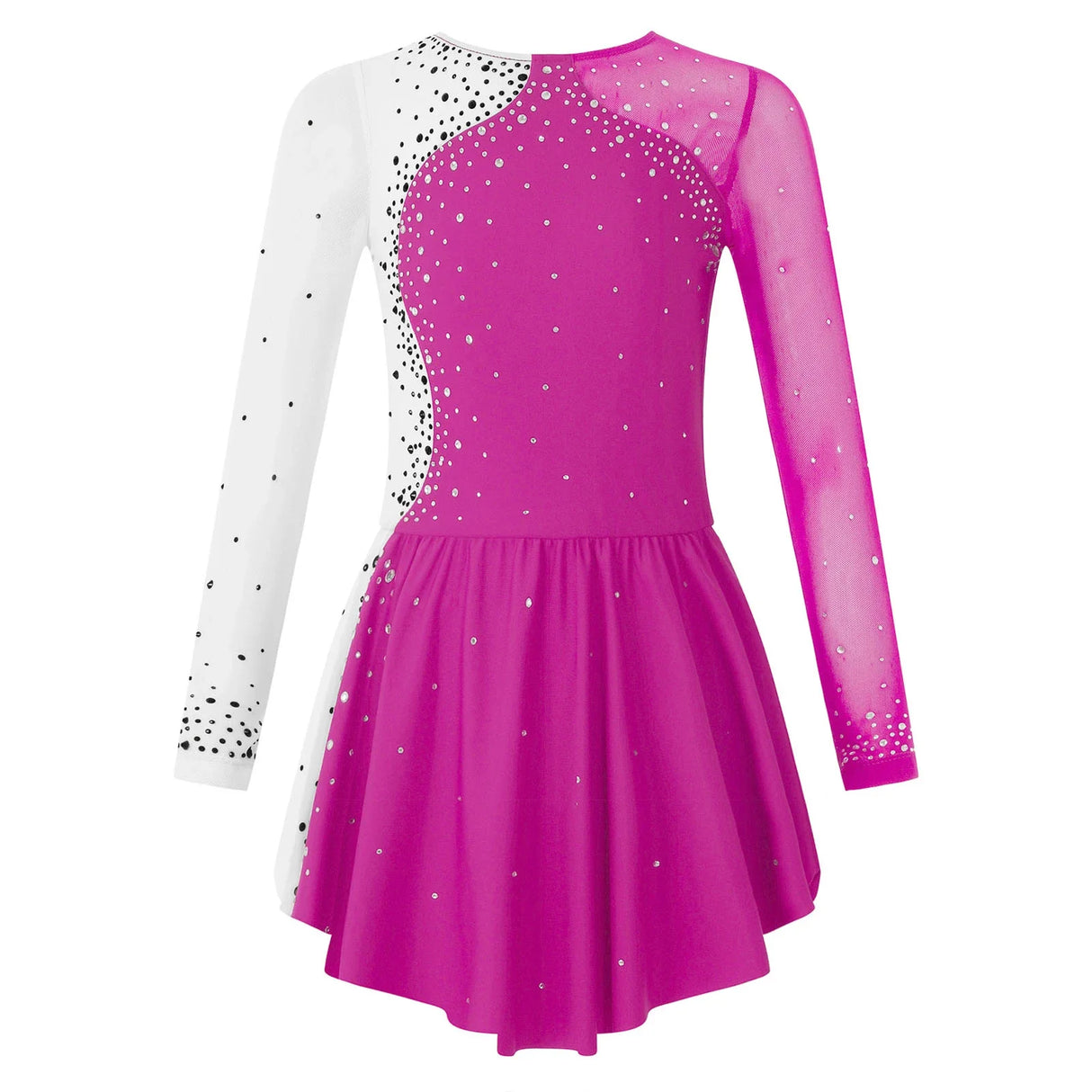 Kids Girls Long Sleeve Figure Skating Dress Shiny Rhinestone Sheer Mesh Tutu Ballet Gymnastics Dance Leotard Dress Dancewear