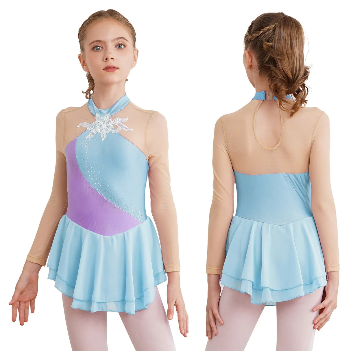 Kids Girls Long Sleeve Figure Skating Dress Shiny Rhinestone Sheer Mesh Tutu Ballet Gymnastics Dance Leotard Dress Dancewear