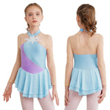 Kids Girls Long Sleeve Figure Skating Dress Shiny Rhinestone Sheer Mesh Tutu Ballet Gymnastics Dance Leotard Dress Dancewear