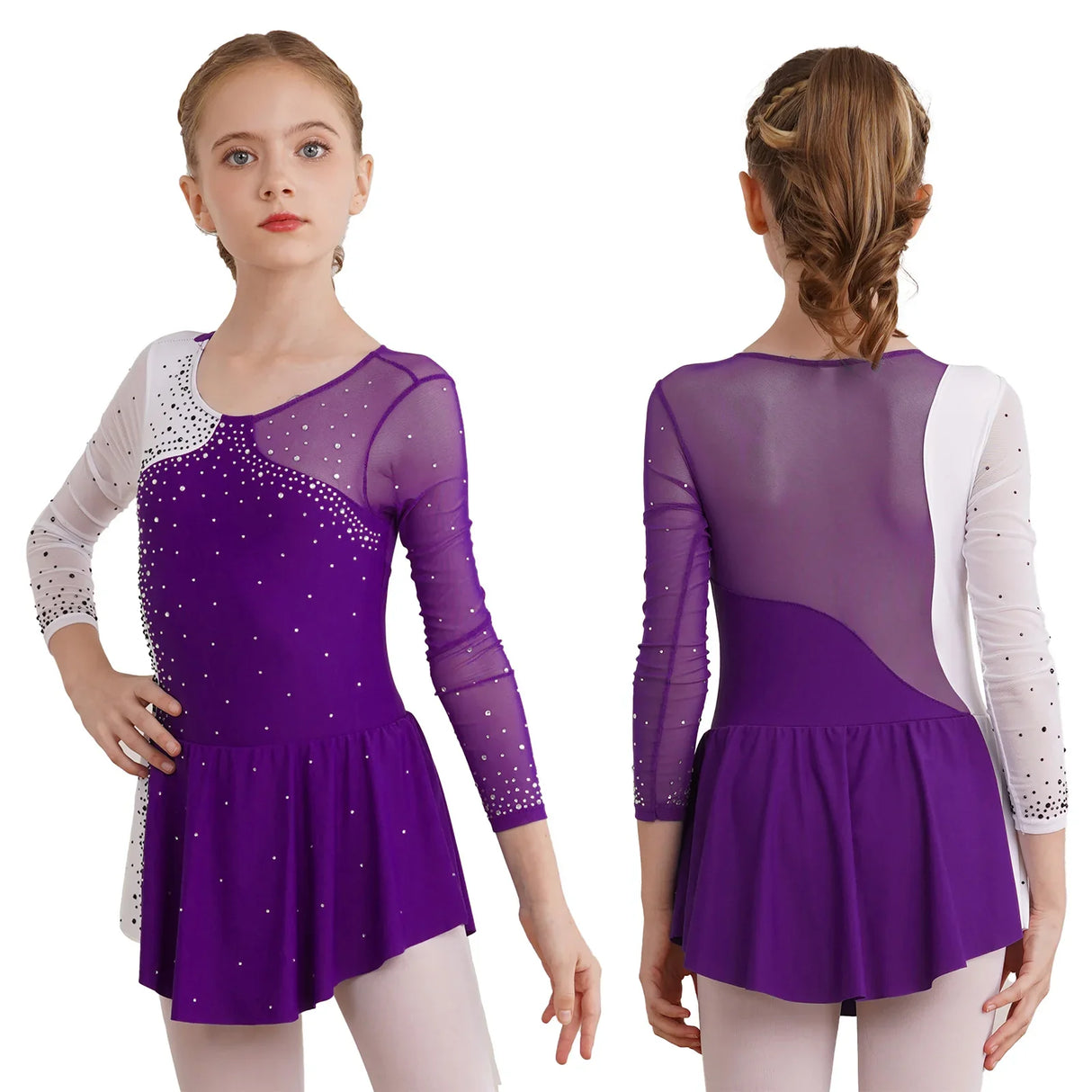 Kids Girls Long Sleeve Figure Skating Dress Shiny Rhinestone Sheer Mesh Tutu Ballet Gymnastics Dance Leotard Dress Dancewear