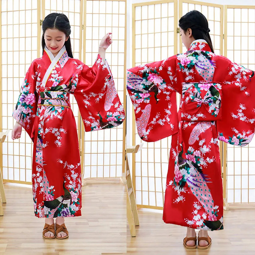 Kids Girls Novelty National Japan Kimono Traditional Yukata Dress Satin Silk Luxury Oriental Bath Robe with Obi Performance