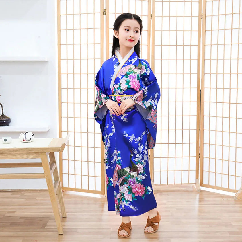 Kids Girls Novelty National Japan Kimono Traditional Yukata Dress Satin Silk Luxury Oriental Bath Robe with Obi Performance