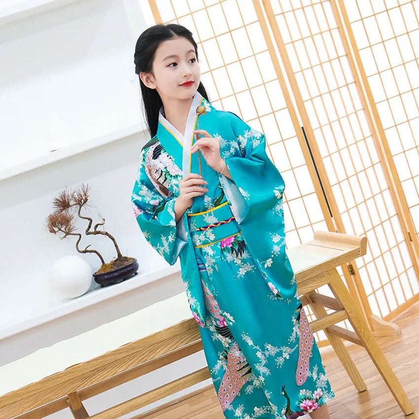 Kids Girls Novelty National Japan Kimono Traditional Yukata Dress Satin Silk Luxury Oriental Bath Robe with Obi Performance