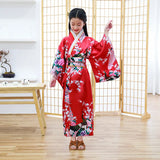 Kids Girls Novelty National Japan Kimono Traditional Yukata Dress Satin Silk Luxury Oriental Bath Robe with Obi Performance