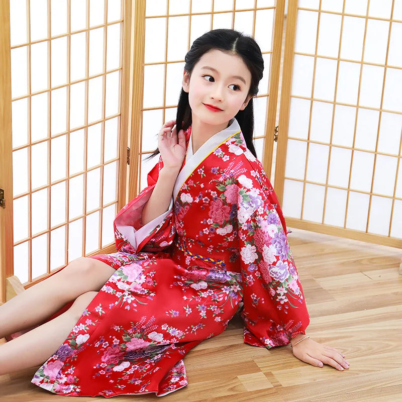 Kids Girls Novelty National Japan Kimono Traditional Yukata Dress Satin Silk Luxury Oriental Bath Robe with Obi Performance